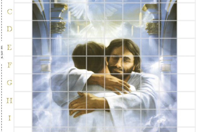 Mural de nichos con una imagen de Jesús abrazando a una persona, acompañado de una paloma que simboliza el Espíritu Santo, creando un ambiente de consuelo y espiritualidad