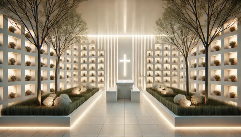 Columbario moderno al aire libre con nichos organizados y rodeado de vegetación, en un entorno tranquilo