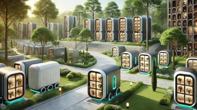 Conjunto de criptas portátiles de diseño futurista y modular, integradas en un entorno sereno con vegetación y caminos modernos. Equipadas con iluminación LED y materiales de alta tecnología, ofrecen un enfoque innovador para el descanso eterno