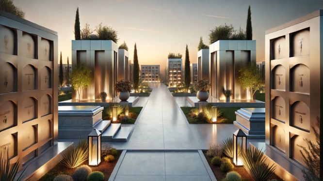 Cementerio tranquilo con diseños modernos de criptas y nichos, jardines verdes y detalles arquitectónicos minimalistas en un ambiente sereno al atardecer