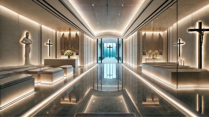 Cripta moderna con diseño minimalista, iluminación tenue, detalles en mármol blanco y cruces, creando un ambiente solemne y elegante