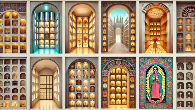 Collage de criptas de diferentes países, combinando innovación y tradición, con elementos como columbarios iluminados, diseños minimalistas y detalles culturales coloridos representativos de distintas regione