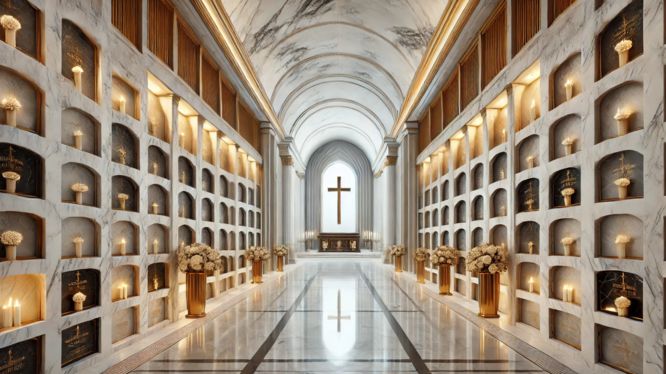 Columbarios elegantes con iluminación cálida y detalles en mármol, organizados en filas simétricas en un ambiente solemne con una cruz al fondo