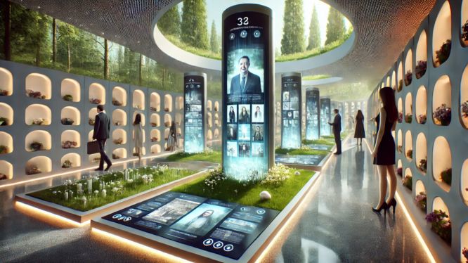 Imagen de un cementerio futurista con criptas digitales. Pantallas interactivas muestran fotos y videos de los difuntos, mientras visitantes exploran los recuerdos en un entorno moderno y ecológico, con iluminación suave y nichos organizados armoniosamente