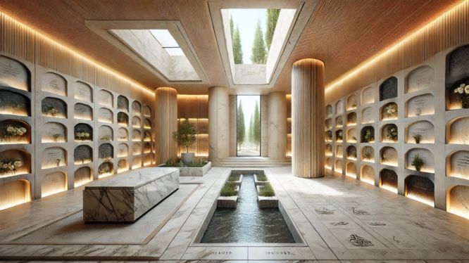 "Mausoleo contemporáneo con criptas iluminadas en las paredes, techo de madera con tragaluces, un banco de mármol central y una fuente de agua con vegetación. La arquitectura combina materiales naturales y luz tenue para crear un ambiente solemne y elegante, con cipreses visibles en el exterior