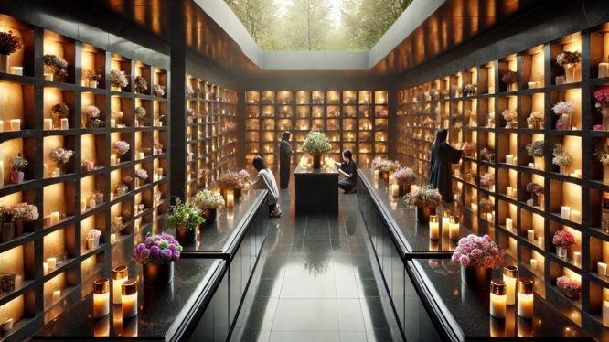 Columbario con nichos funerarios de granito negro iluminados con velas, adornados con flores y tributos. Varias personas visitan y rinden homenaje en un ambiente solemne y tranquilo