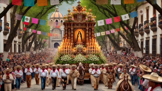 Peregrinación en honor a la Virgen de Guadalupe en México. Una multitud de fieles acompaña una imagen decorada con velas y flores, llevada en procesión por hombres con trajes tradicionales de charro. La calle está adornada con papel picado y flanqueada por árboles y edificios coloniales.